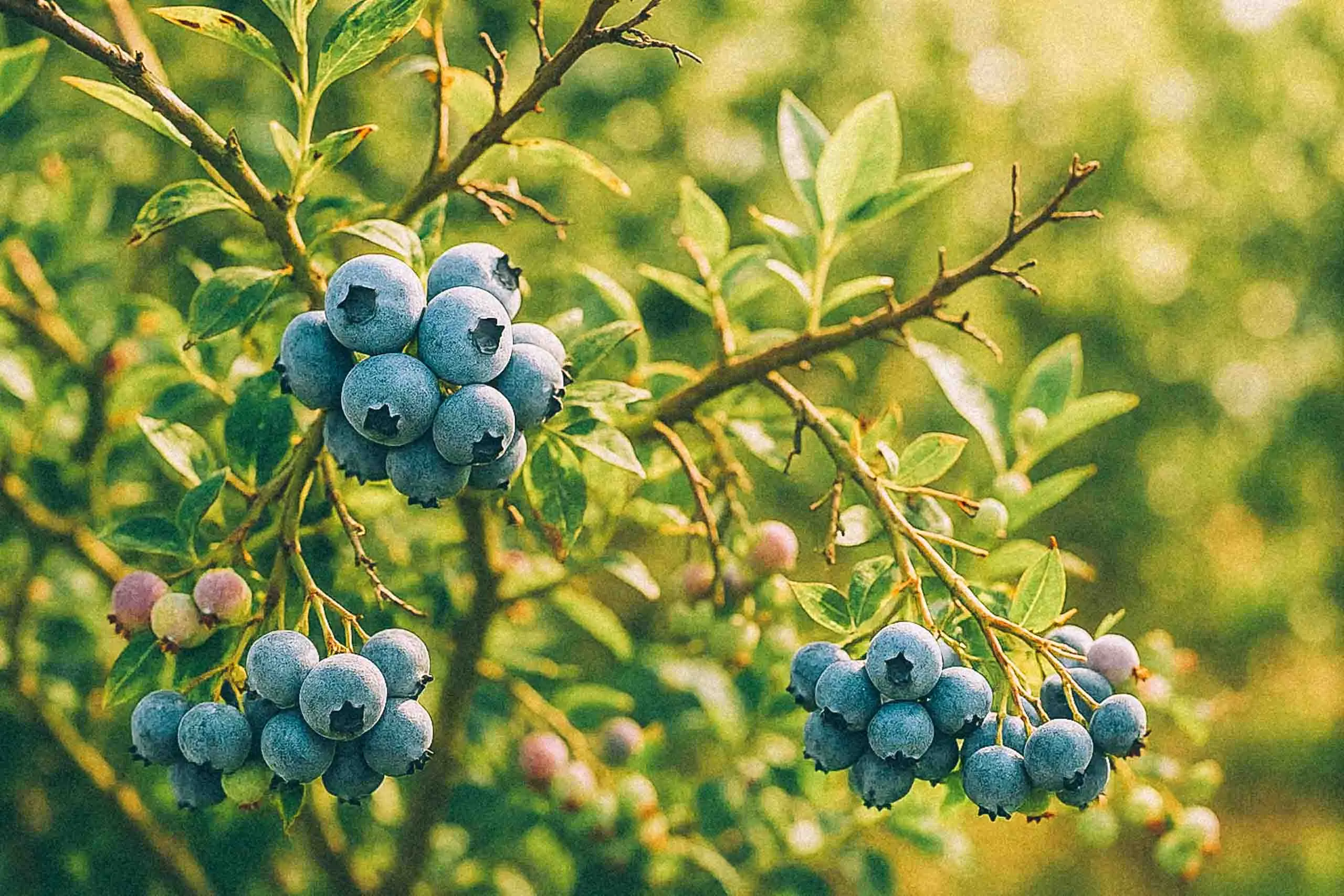 Amerikanska blåbär Chandler med stora klasar av ljusblå bär på kraftig buske med glest växtsätt och tydliga bärklasar.