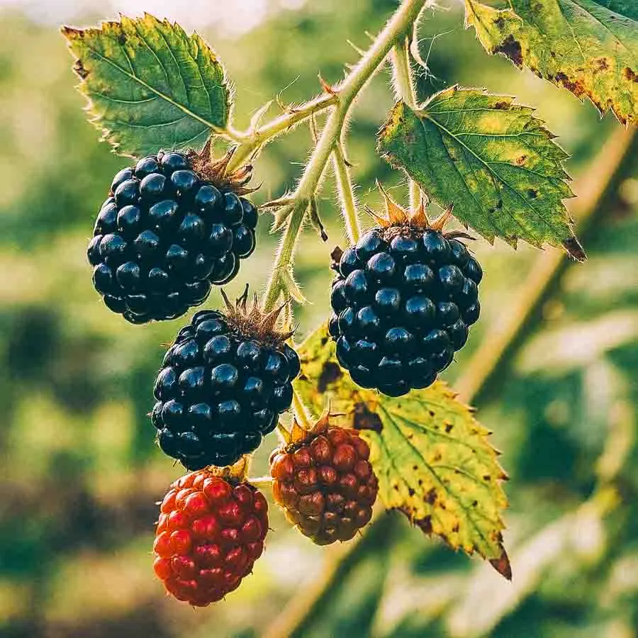 Björnbär Glorniwa på gren – stora, blanka, nästan klotrunda bär i olika mognadsstadier, med glansig yta och kraftiga, taggfria stjälkar i bakgrunden.