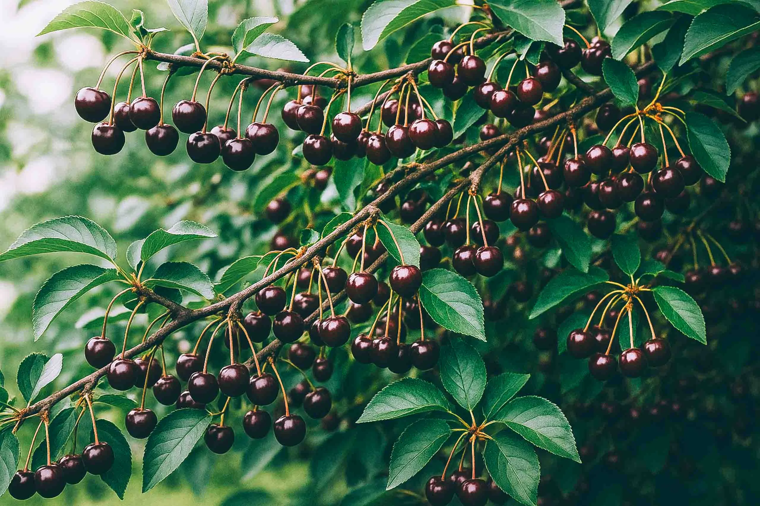 Buskkörsbär Berit med mörkt vinröda bär i klasar omgivna av grönska och suddig bakgrund.