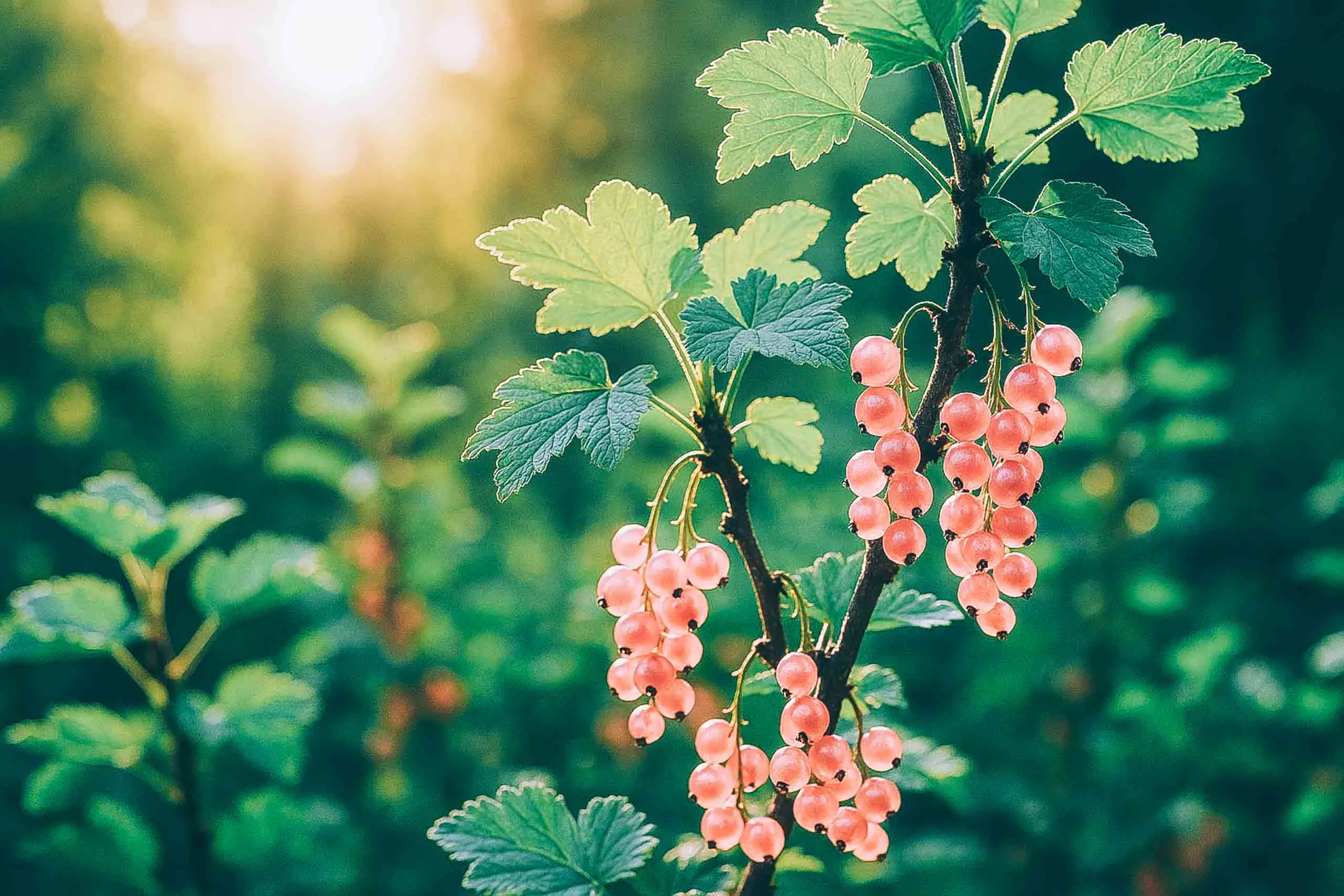 rosa-vinbar-pink-champagne-010 Rosa Vinbär Pink Champagne med klasar av rosa bär på grönskande kvistar mot suddig bakgrund i motljus.