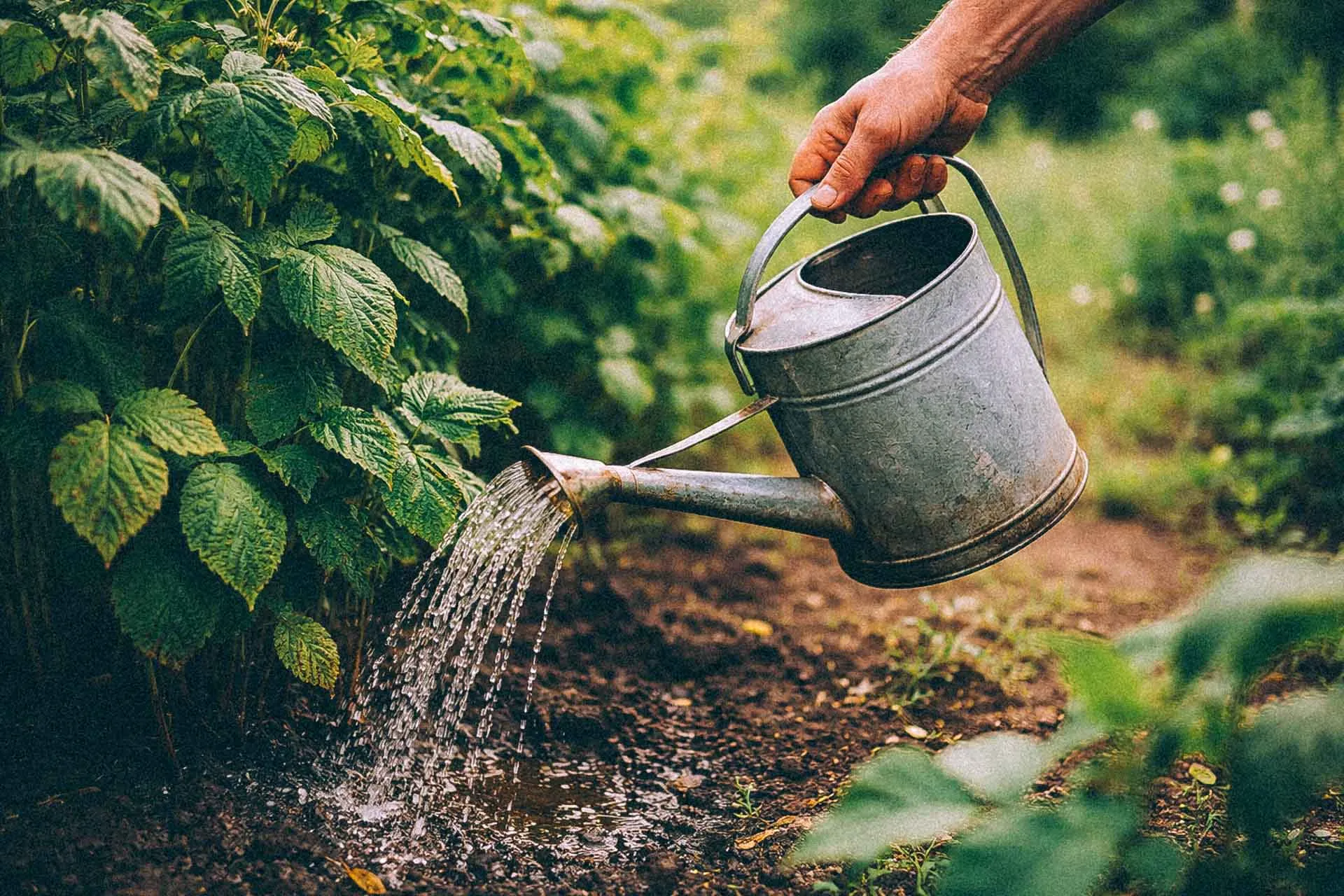 Hand håller i vattenkanna av plåt som strilande vattnar jorden under ett hallonbuskage.